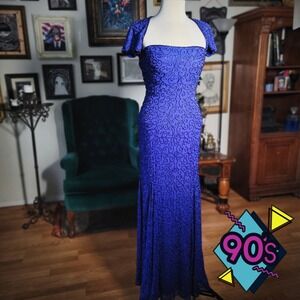Sean Collection Gown Vintage 90s Blue Beaded Sequin Mermaid‎ Maxi Dress Formal S